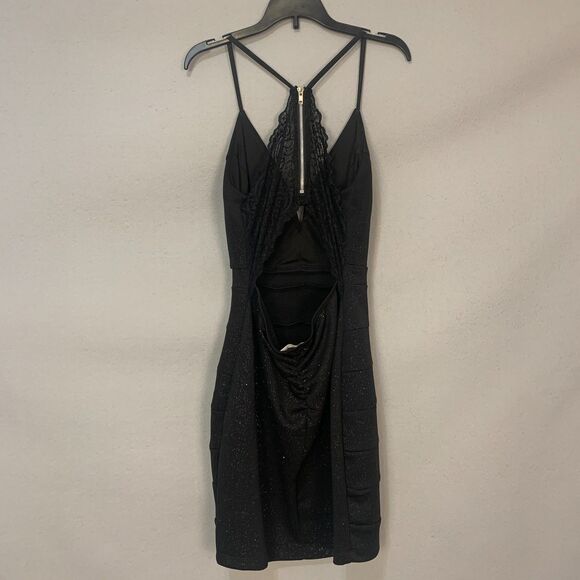 Emerald Sundae Black Glitter Lace Inset Strappy Bodycon Cocktail Dress Medium - Picture 2 of 10